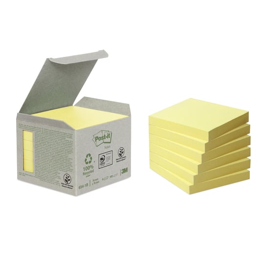 Ekologiczne karteczki Post-it® z certyf. PEFC Recycled, Żółte, 76x76mm, 6x100k Post-it