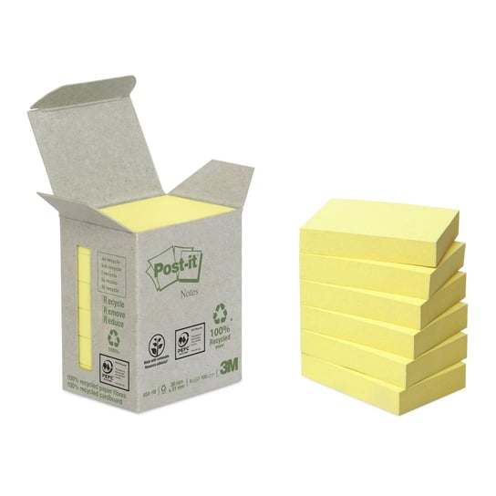 Ekologiczne karteczki samoprzylepne Post-it® z certyfikatem PEFC Recycled, Żółte, 38x51mm, 6x100 karteczek Post-it