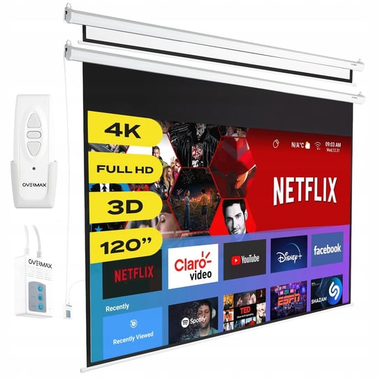 EKRAN PROJEKCYJNY ELEKTRYCZNY ŚCIENNY 266x149 cm 120" DUŻY FULL HD + PILOT Overmax