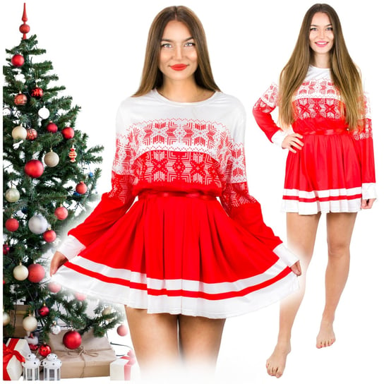 Elegancka Rozkloszowana Sukienka Świąteczna Czerwono-Biała Zolta