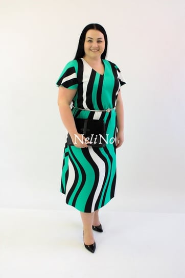 Elegancka sukienka z rozcięciem Gret Biało-czarno-zielona 42 Nelino