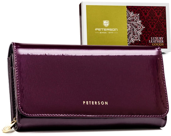 Elegancki portfel damski na karty z lakierowanej skóry naturalnej Peterson, ciemnofioletowy Peterson
