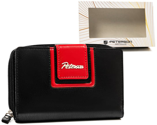 Elegancki portfel damski ze skóry naturalnej z ochroną kart RFID Peterson, czarno-czerwony Peterson