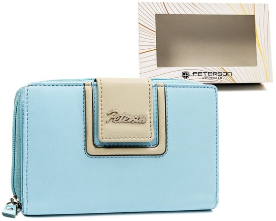 Elegancki portfel damski ze skóry naturalnej z ochroną kart RFID Peterson, niebiesko-szary Peterson
