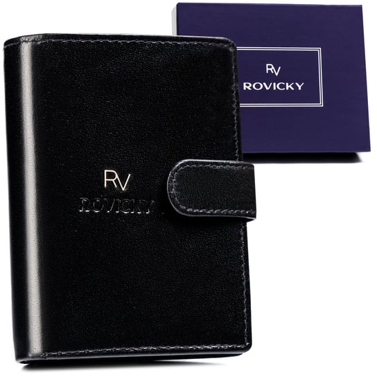 Elegancki portfel męski na karty z ochroną RFID ze skóry naturalnej zapinany Rovicky, czarny Rovicky