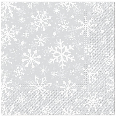 Eleganckie serwetki świąteczne bibułowe 3 warstwowe z nadrukiem śnieżynek na srebrnym tle, 33x33 cm Paw Decor Collection