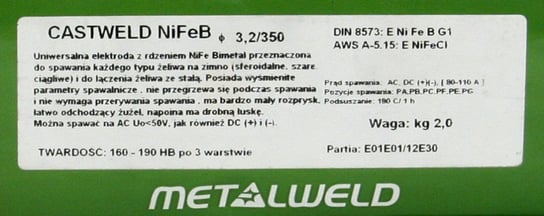 ELEKTRODA DO ŻELIWA CASTWELD NI FE- B -CL 2.5MM SZTUKA METALWELD