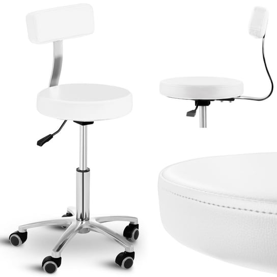 Emaga Krzesło taboret hoker kosmetyczny z oparciem na kółkach do 150 kg TERNI biały Physa