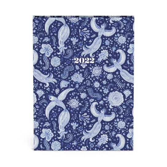 Empik, Kalendarz tygodniowy książkowy 2022, białe wzory, niebieskie tło Empik
