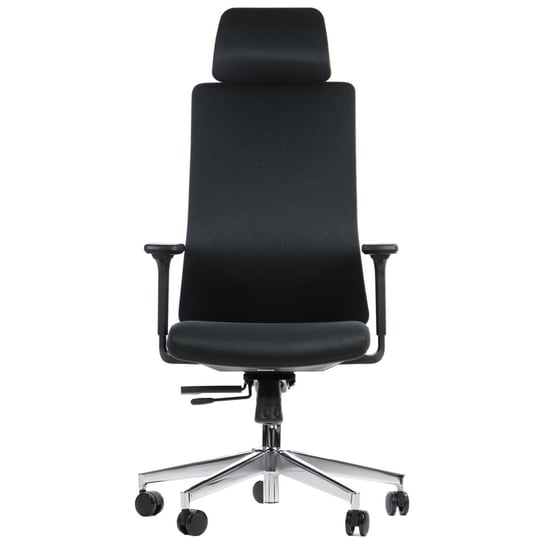 Ergonomiczne obrotowe krzesło biurowe AKCENT, czarny, podstawa chromowana, oparcie z tkaniny, regulowany zagłówek i podłokietniki Stema