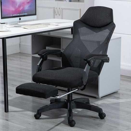 Ergonomiczny, obrotowy fotel biurowy, krzesło z zagłówkiem i podnóżkiem – czarny Hedo