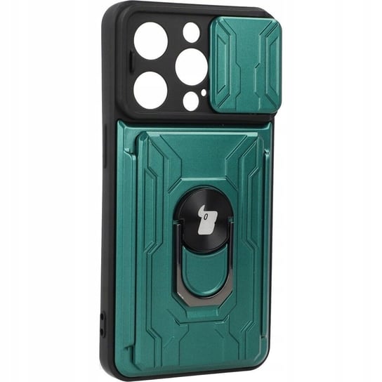 Etui Bizon Case Camshield Card Slot Ring do iPhone 14 Pro, zielone Bizon