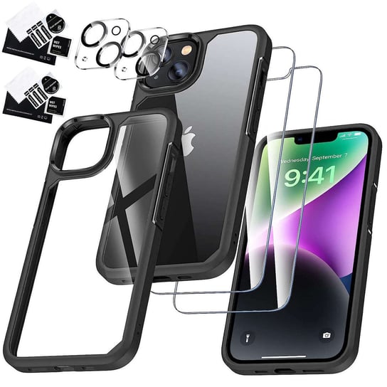 Etui Case do iPhone 14 Plus + zestaw 4 szkieł 5w1 pancerne 360 Alogy Hybrid 2x Szkło na ekran +2x obiektyw czarno-przezroczyste Alogy