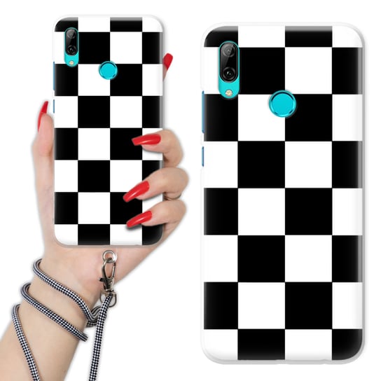 Etui Charms Quick Sznurek do HUAWEI Y7 2019 Kratka CZARNO-BIAŁA Szachownica Funnycase