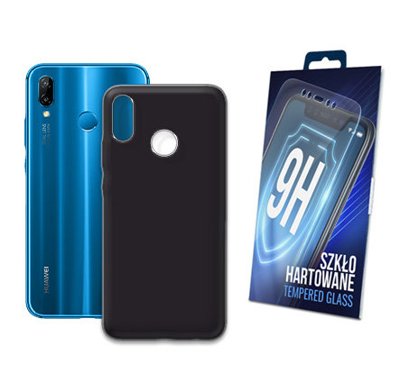 ETUI CZARNE MATOWE DO HUAWEI P20 LITE MATT CASE OBUDOWA NA TYŁ + SZKŁO 9H MARTECH