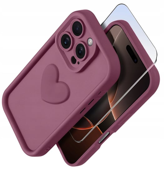 Etui do iPhone 16 Pro silikonowe MATOWE serce + Szkło ochronne na ekran 9H Krainagsm