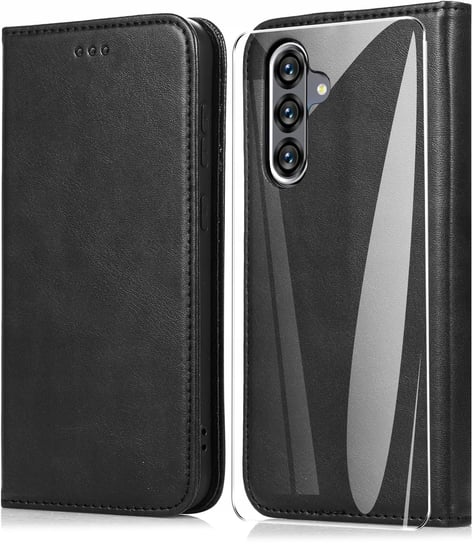 Etui do Samsung A56 5G + SZKŁO I LUKSUSOWE SKÓRZANY CASE CZARNE MAGNETYCZNE TeleProtector