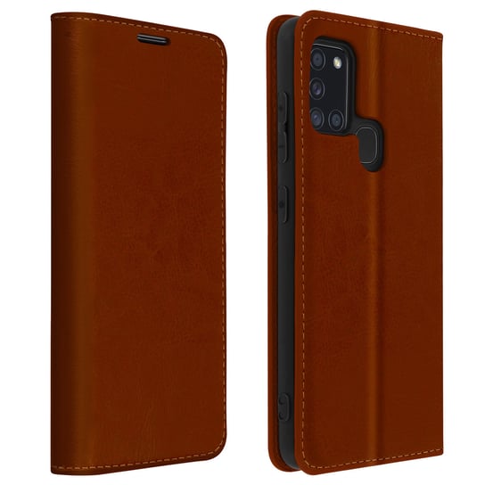 Etui Folio Real Leather Samsung Galaxy A21s z miejscem na kartę, stojak na wideo, brązowe Avizar