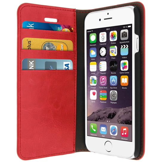 Etui Folio z prawdziwej skóry iPhone 6 / 6S z miejscem na karty, stojak na wideo, czerwone Avizar