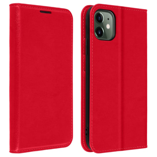 Etui Folio z prawdziwej skóry na iPhone 11 z miejscem na karty, stojak na wideo, czerwone Avizar