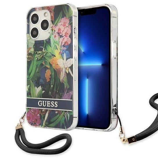 Etui IPHONE 13 PRO MAX Guess Hardcase Flower Strap (GUHCP13XHFLSB) niebieskie GUESS