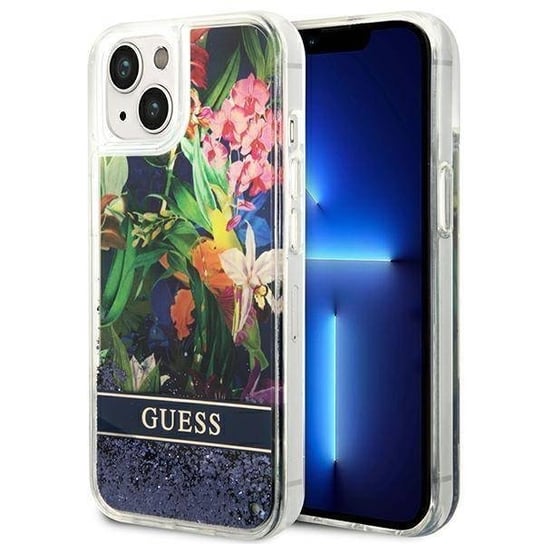 Etui IPHONE 14 Guess Hardcase Flower Liquid Glitter niebieskie GUESS