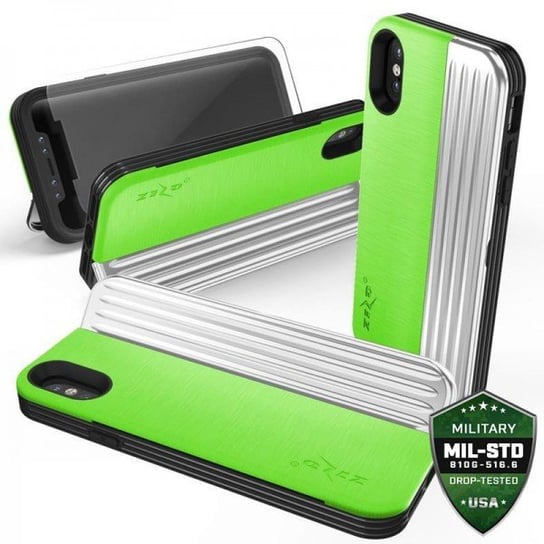 Etui, iPhone X s / X z kieszenią na karty + podstawka + szkło 9H na ekranNeon, zielony, srebrny Zizo