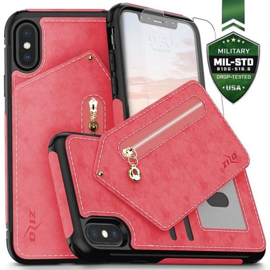 Etui, iPhone X z kieszeniami na karty + saszetka na zamek + szkło 9H na ekran, różowy, czarny Zizo