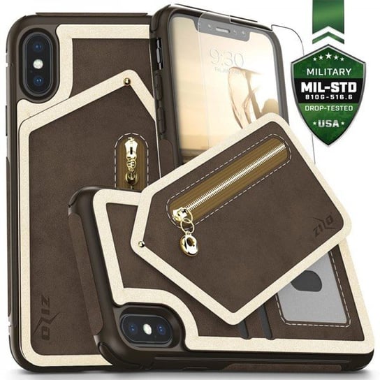 Etui, iPhone X z kieszeniami na karty + saszetka na zamek + szkło 9H na ekranDark, brązowy/Brow Zizo