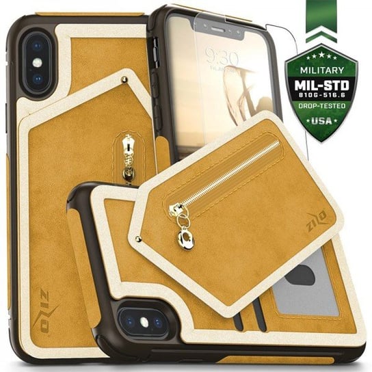 Etui, iPhone X z kieszeniami na karty + saszetka na zamek + szkło 9H na ekranLight, brązowy/Bro Zizo