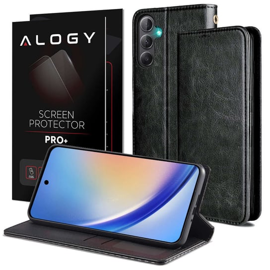 Etui ochronne z klapką skórzany portfel Alogy Wallet Case obudowa na telefon do Samsung Galaxy A54 5G Czarne + Szkło Alogy