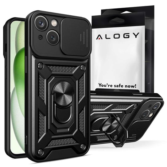 Etui pancerne do iPhone 15 Camshield Case Ring Alogy Stand z osłonką na aparat slide czarne + Szkło Alogy