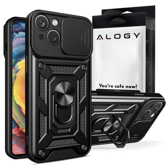 Etui pancerne do iPhone 15 Plus Camshield Case Ring Alogy Stand z osłonką na aparat slide czarne Alogy