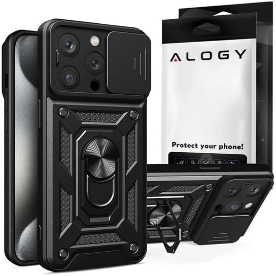 Etui pancerne do iPhone 15 Pro Max Camshield Case Ring Alogy Stand z osłonką na aparat slide czarne Alogy