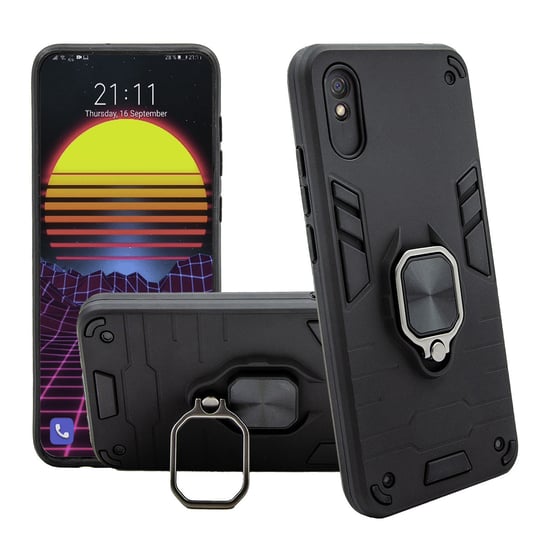 Etui Pancerne Do Xiaomi Redmi 9A Czarne Obudowa Armor Holder Ring Case Hello Case