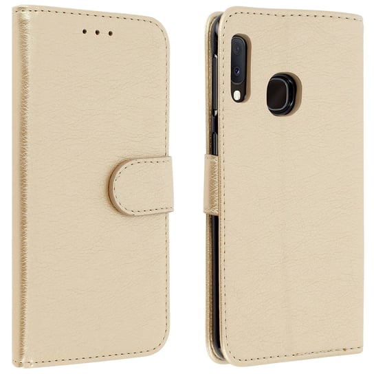 Etui-portfel z klapką, etui magnetyczne z podstawką do Samsunga Galaxy A20e – Gold Avizar
