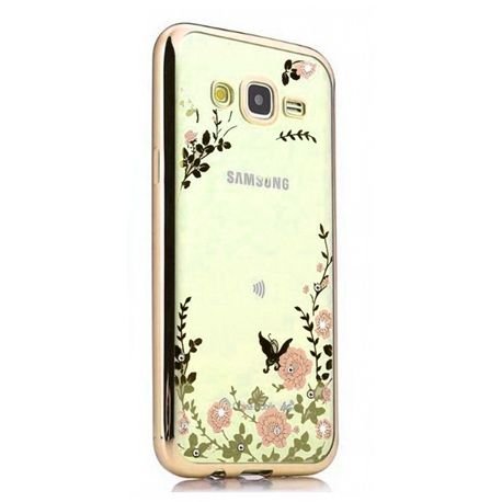 Etui, Samsung Galaxy J3 2016 silikonowe platynowane Kwiaty, złoty EtuiStudio
