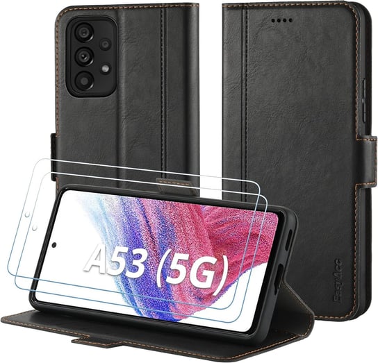 ETUI SKÓRZANE Z KLAPKĄ SAMSUNG GALAXY A53 CZARNY +2x SZKŁO HARTOWANE Amazon