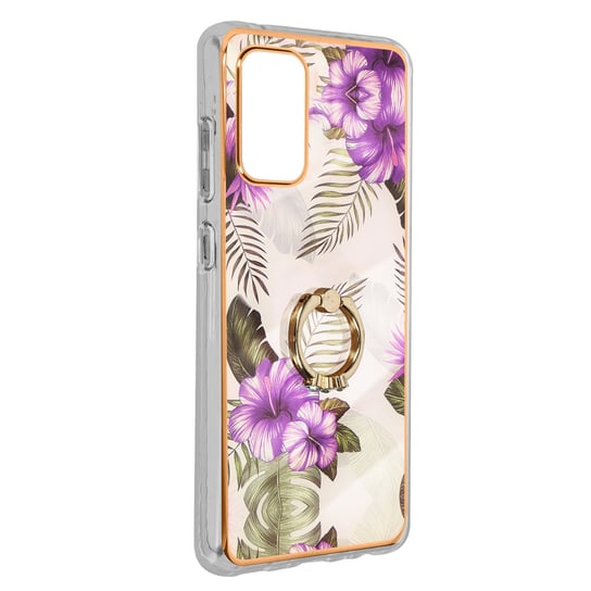 Etui z dwóch materiałów do Samsung Galaxy A32 z pierścieniem podtrzymującym w fioletowe kwiaty Avizar
