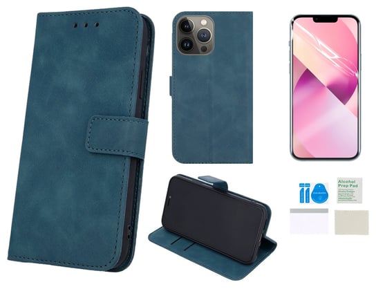 Etui z klapką do APPLE IPHONE 13 PRO skórzane zielony case + folia ochronna MARTECH