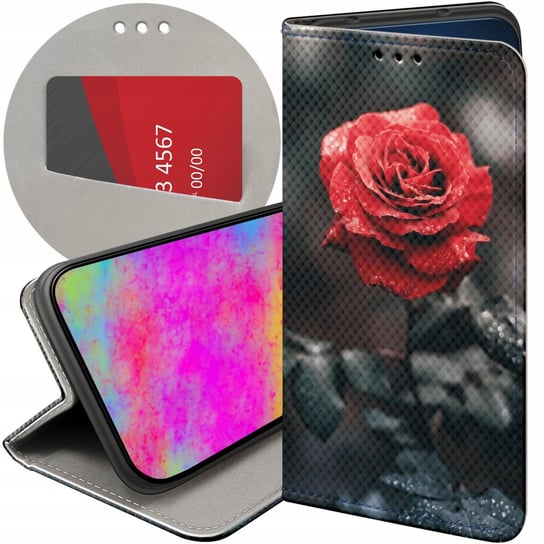 ETUI Z KLAPKĄ DO HUAWEI HONOR X7A WZORY RÓŻA Z RÓŻĄ ROSE FUTERAŁ POKROWIEC Huawei