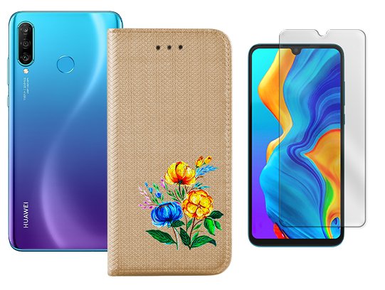 Etui z klapką do HUAWEI P30 LITE smart magnet złoty case kwiat + szkło 9H MARTECH