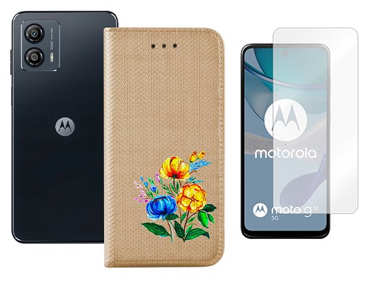 Etui z klapką do MOTOROLA MOTO G13 G23 G53 magnet złoty case kwiat + szkło MARTECH