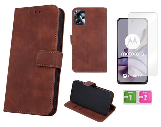 Etui z klapką do MOTOROLA MOTO G13 G23 skórzane brązowy case + szybka 9H MARTECH