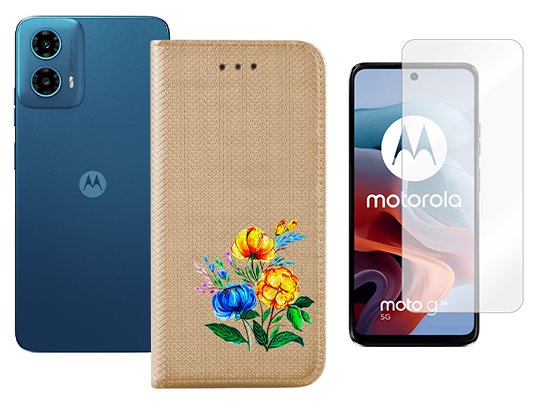 Etui z klapką do MOTOROLA MOTO G34 5G magnet złoty case kwiat + szkło 9H MARTECH