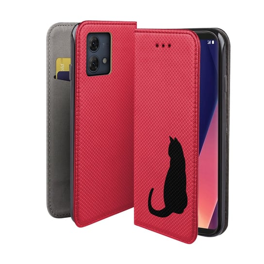 Etui Z Klapką Do Motorola Moto G84 5G Wzór Czarny Kot, Kabura Czerwona MARTECH