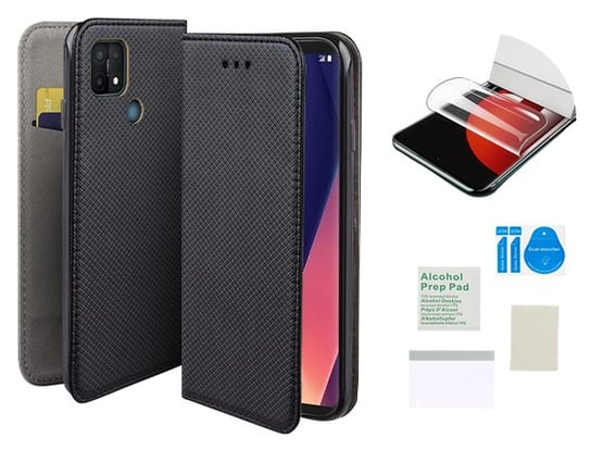 Etui z klapką do OPPO A15S / A15 / A35 czarny obudowa + folia ochronna 9H MARTECH