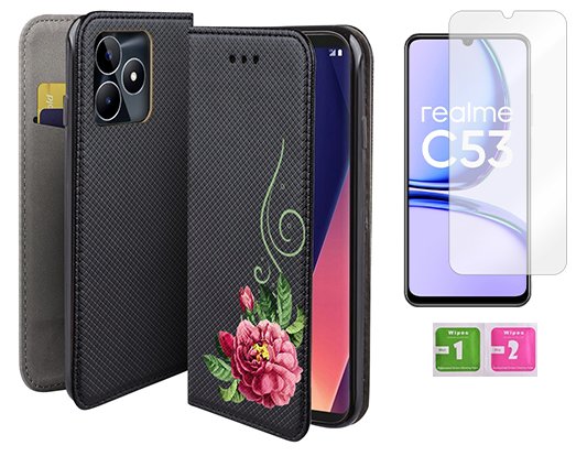 Etui z klapką do REALME C53 smart magnet case kwiat obudowa +szkło na ekran MARTECH