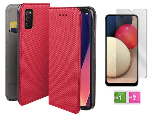 Etui z klapką do SAMSUNG GALAXY A02S czerwony smart magnet case + szkło 9H MARTECH