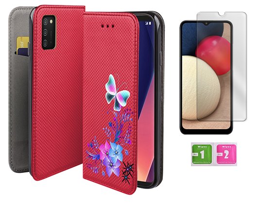 Etui z klapką do SAMSUNG GALAXY A02s magnet motyl case czerwony + szkło 9H MARTECH